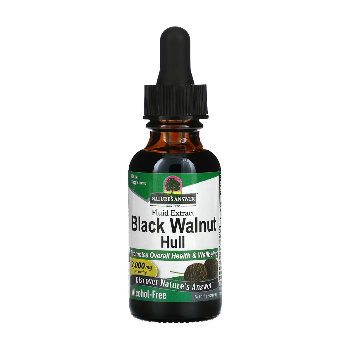 Чорний горіх, без спирту Nature's Answer Black Walnut Hull Fluid Extract, Alcohol-Free 2000 мг, в краплях, 30 мл